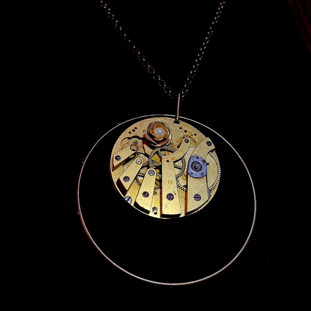 Industrial Chic Steampunk Necklace Moving Gears Pearl Swarovski Crystals